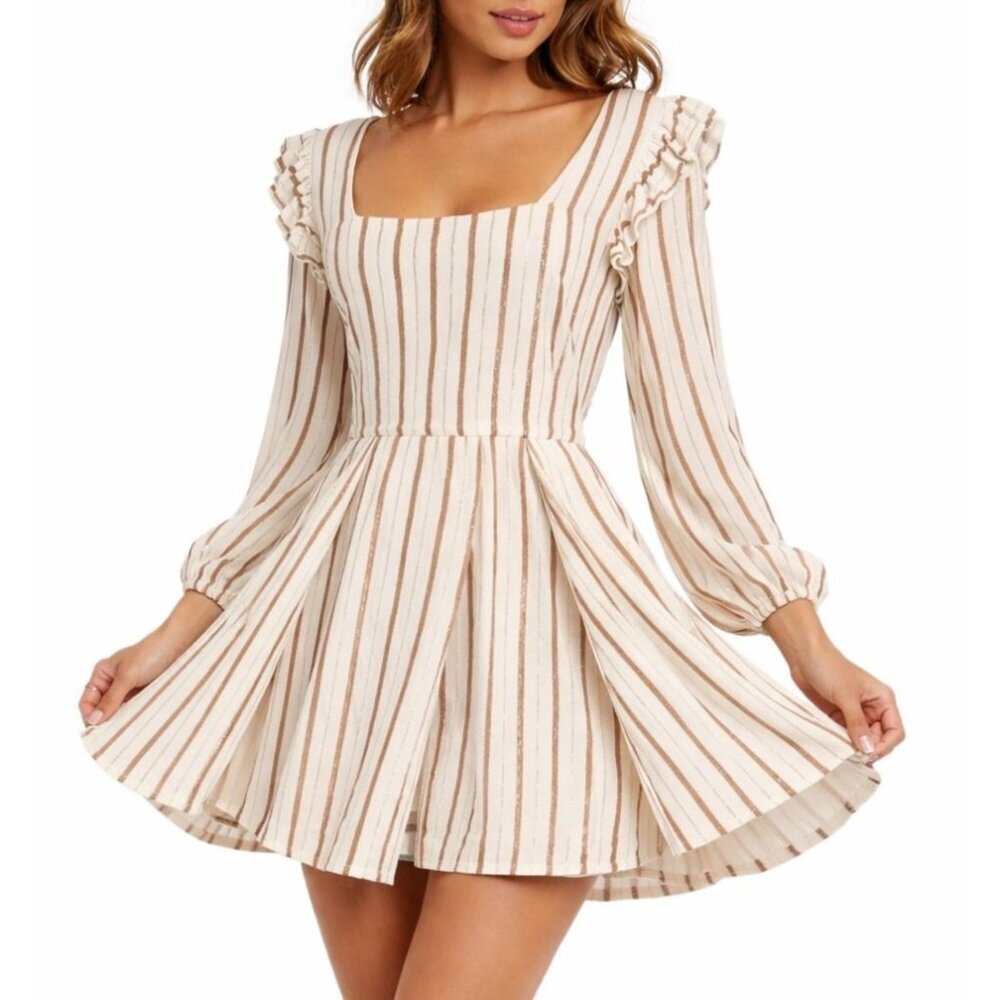 Tularosa Blaine Dress Metallic Stripe Mini Ruffle Sleeve Babydoll